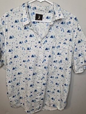 White Short-Sleeve Printed Button-Down Shirt - Blue Pattern